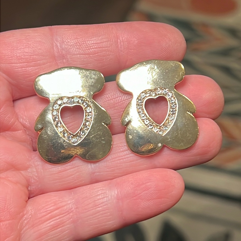 Gold Oversized Teddy Bear Heart Rhinestone Earrings - Style of Tous